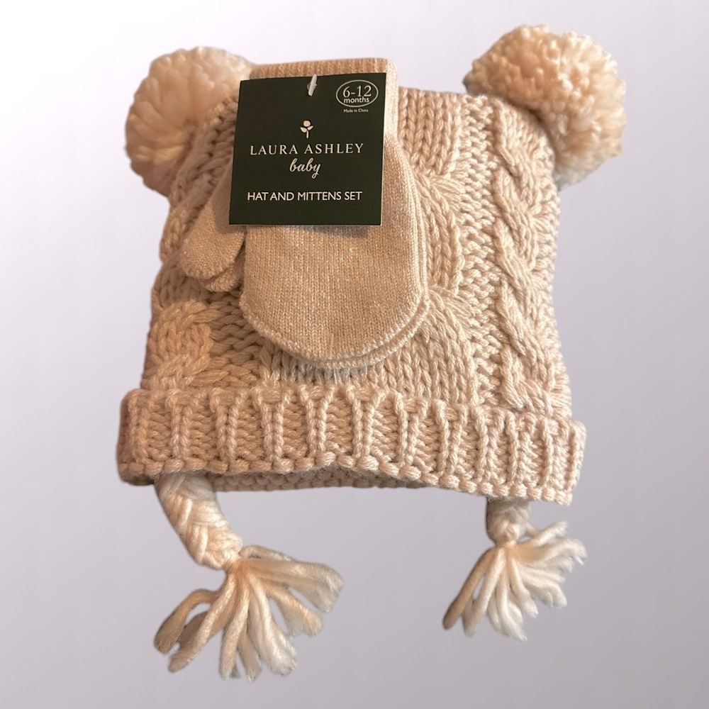 NWT, Laura Ashley Baby, Hat & Mittens Set / Size: 6-12 Months